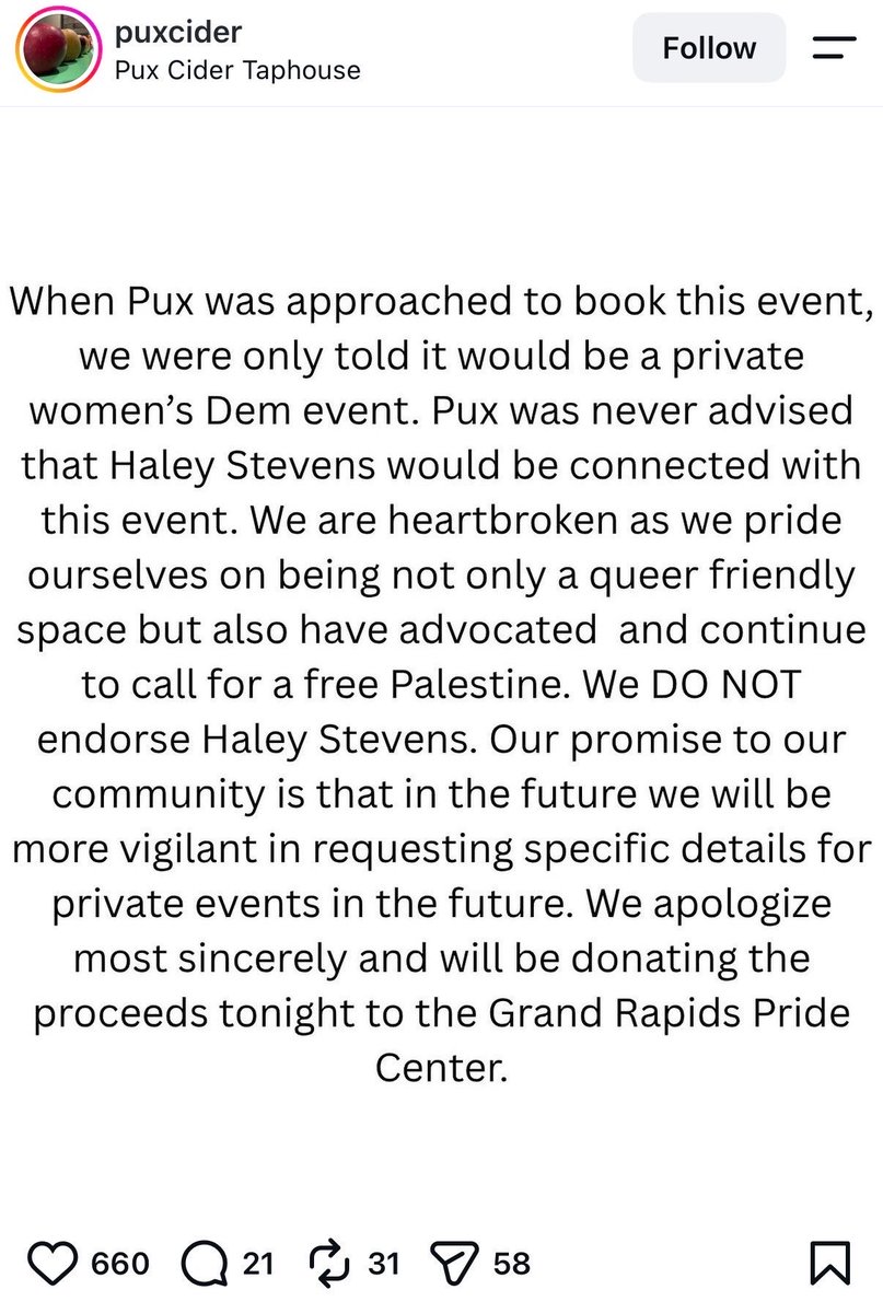 PeterMeijer's tweet photo. How crazy are things in Michigan? This cider bar, which is *next door* to the Kent County Democratic Party, is now apologizing and “heartbroken” for hosting a Dem women’s event w/two Democratic Congresswomen. https://t.co/QL8P7EuIKV