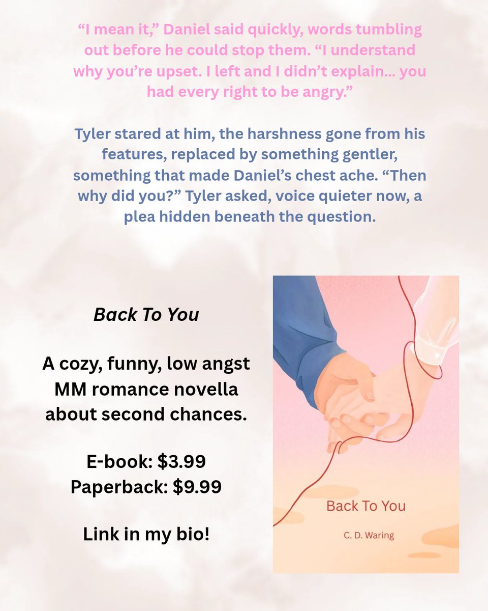 author_cdwaring's tweet photo. Back To You is about second chances, clearing up misunderstandings and falling in love all over again. This is a low angst, cozy MM romance novella and a fast read. 

#readers #mmromance #writingcommunity #cozy #secondchances #fastread #indieauthors #promote #support https://t.co/DQMOhAawbE