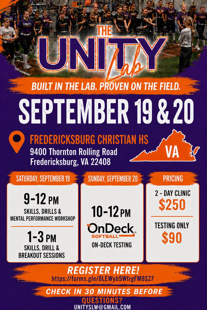 slwathen's tweet photo. 💜🧡UNITY LAB🧡💜

STOP #2 IS COMING TO FREDERICKSBURG, VA! 

September 19–20

UNITY Softball is bringing the Unity Lab to Fredericksburg, VA for two days of elite instruction, 
@ODM_Testing, mental performance, and game-changing player development.

Register Now!!  @VAUnitySB https://t.co/zsW8iJ6Qmi