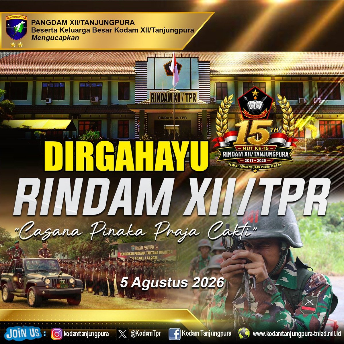 Kodam12Tpr's tweet photo. Dirgahayu Rindam XII/Tpr
"Casana Pinaka Praja Cakti"
#tniprima #tnirakyatkuat #indonesiaemas2045 #kodamtanjungpura https://t.co/DMZojuNDLN