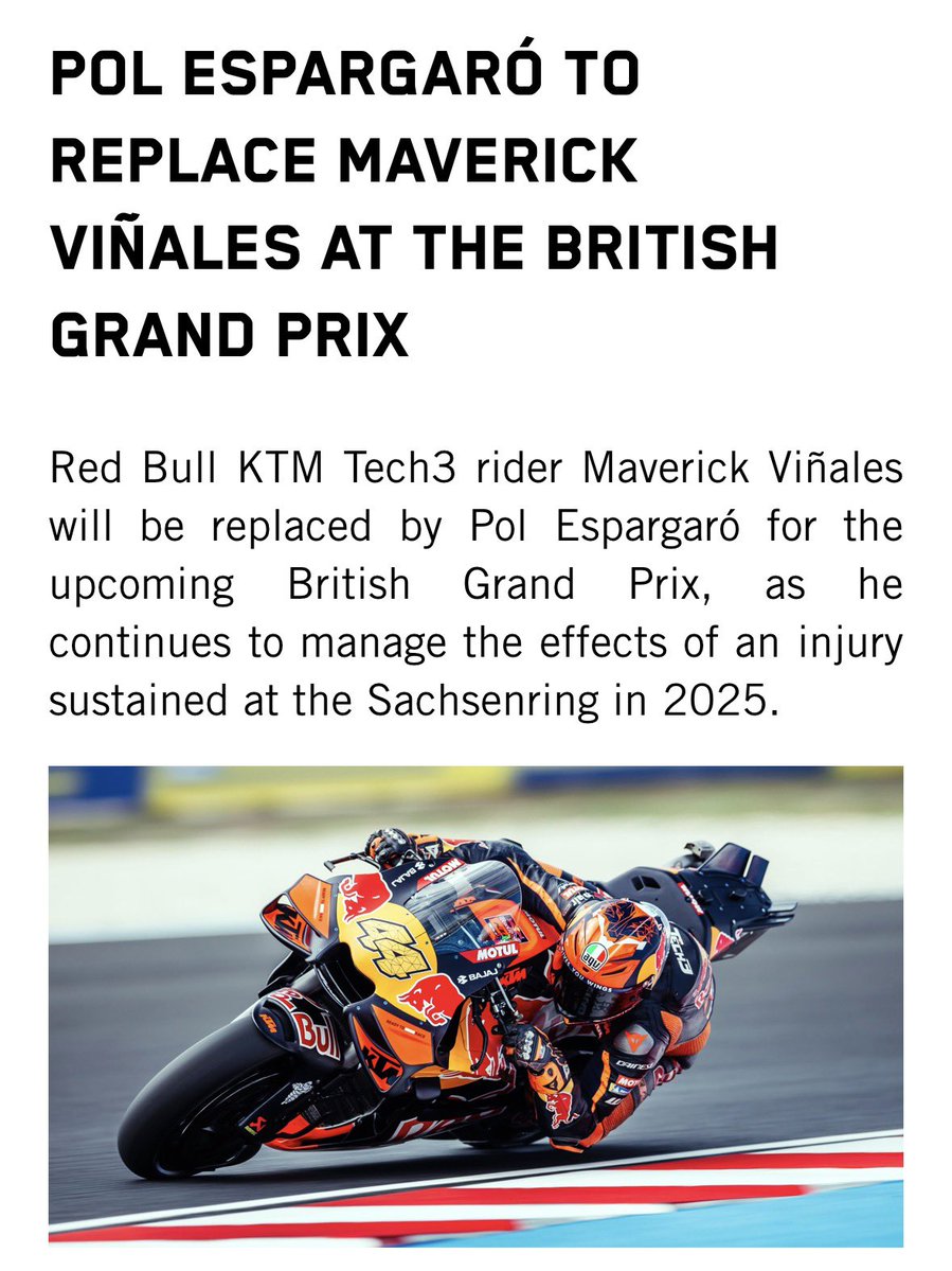 damCR's tweet photo. Última hora #MotoGP
Pol @polespargaro substitueix #MaverickViñales al #BritishGP per la lesió de més d’un any del pilot empordanès https://t.co/wbV9jRA46S