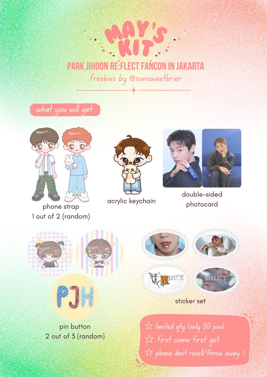 sunsweetbrier's tweet photo. ☆ ᴍᴀʏ'ꜱ ᴋɪᴛ — park jihoon re:flect fancon in jakarta freebies by 
@sunsweetbrier ☆

• rt and like are very appreciated
• please don't sell/throw away (i'd cry)
• time and place: TBA
• just come and say hi to get the freebies!

see you at the venue 🤗💖 https://t.co/pHq0e24hfJ