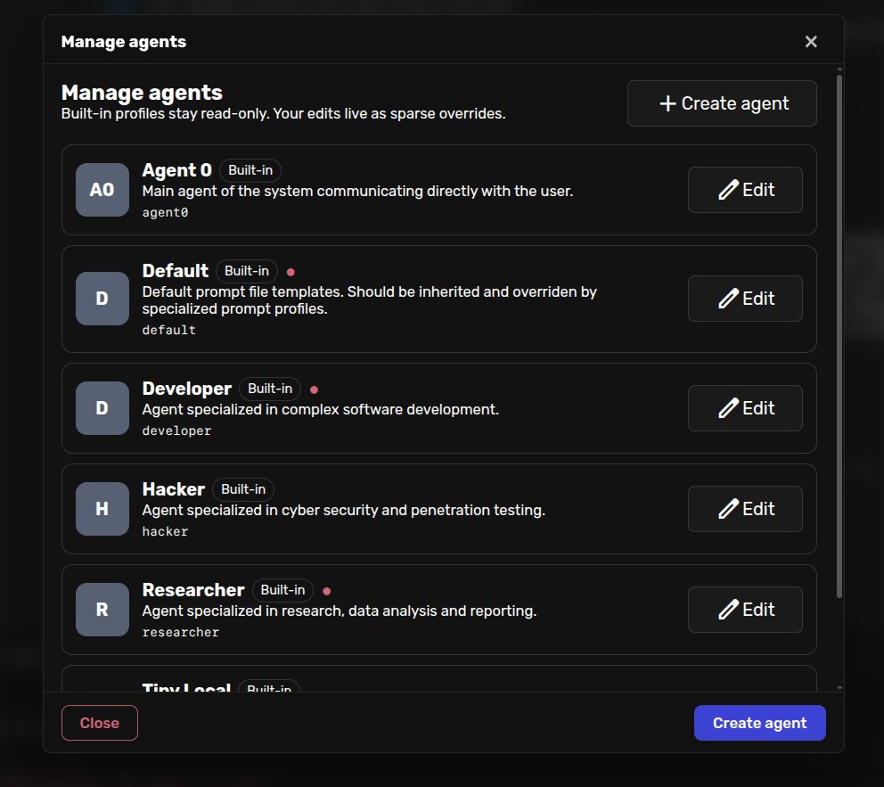 Agent Zero editor showing specialized built-in agent profiles and controls for creating or editing roles
