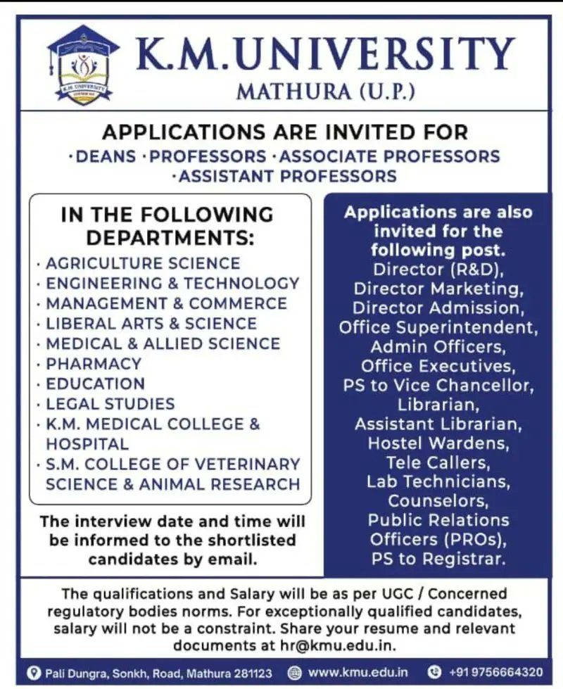 rojgarbharat's tweet photo. K.M. University, Mathura, Teaching and Non-Teaching Recruitment 2026
Click Here:
https://t.co/XDVtw6Uoct
#university #highereducation #NonTeaching #TeachingJobs #recruitment #latestjobs https://t.co/MOMq5hIFLY