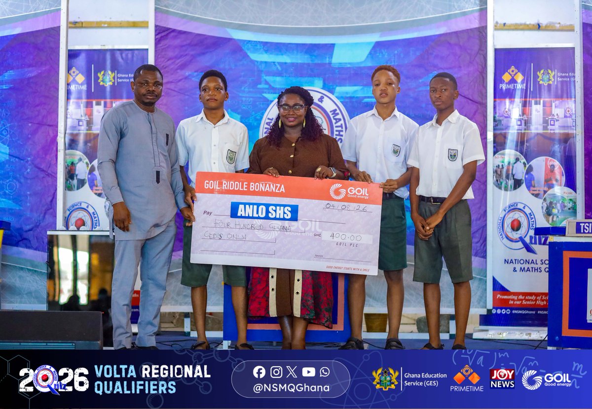 NSMQGhana's tweet photo. VOLTA:  

End of Contest

Anlo SHS: 65pts 
Tsito SHS: 29pts 
Dzodze-Penyi SHS: 28pts  

ANSECO are in the National Championship....and oh, @GOIL_Official Riddle Bonanza bagged BTW!💯

#NSMQRegionals #NSMQ2026 #Primetime https://t.co/csAKCvi5he