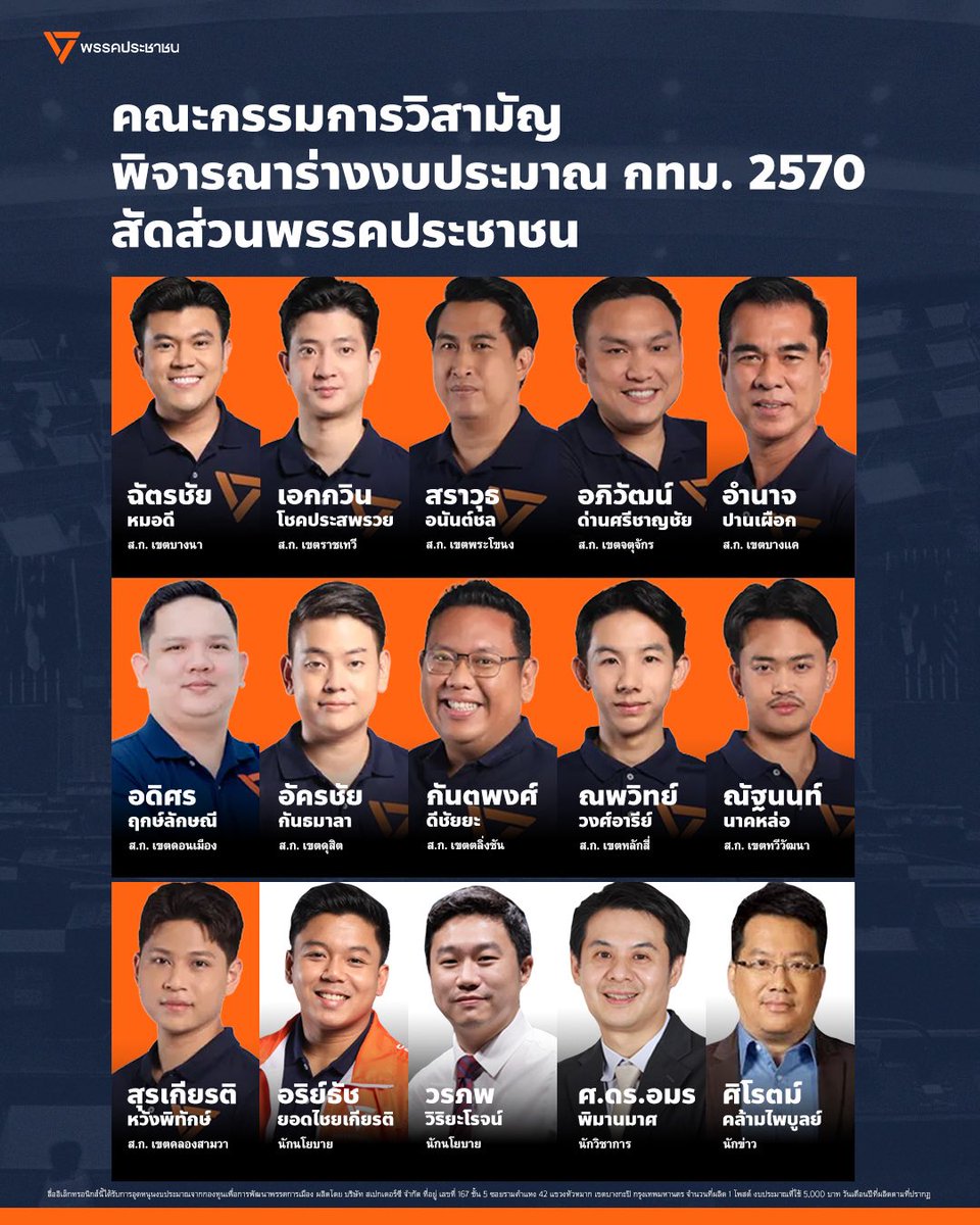 PPLEThai's tweet photo. สำเร็จแล้ว! พรรคประชาชนเสนอชื่อ 4 คนนอกร่วมพิจารณางบ กทม. 2570 เพื่อความโปร่งใส
.
พรรคประชาชนเรียกร้องมาหลายปีเรื่องการเปิดทางให้ ‘คนนอก’ หรือคนที่ไม่ได้เป็นสมาชิกสภากรุงเทพมหานคร (ส.ก.) เข้ามาเป็นกรรมการวิสามัญพิจารณางบประมาณของ กทม. เพื่อดึงประสบการณ์ ความรู้ความสามารถของบุคคลเหล่านั้น มาร่วมพิจารณางบประมาณของ กทม. ให้เกิดความโปร่งใสและคุ้มค่า เกิดประโยชน์สูงสุดต่อการยกระดับคุณภาพชีวิตของประชาชน
.
โดย 2 ปีงบประมาณที่ผ่านมา (2568 และ 2569) พรรคประชาชนเคยเสนอชื่อคนนอกเป็นกรรมการวิสามัญงบประมาณ กทม. มาแล้ว แต่ถูกสภา กทม. ปัดตกทั้งหมด
.
ในที่สุดวันนี้ (4 ส.ค.) ในการพิจารณางบประมาณรายจ่ายกรุงเทพมหานครประจำปี 2570 พรรคประชาชนเสนอชื่อคนนอกอีกครั้ง และครั้งนี้เราทำสำเร็จ ได้รับเสียงโหวตจากสภา กทม. เพียงพอให้เข้าไปทำหน้าที่กรรมการพิจารณางบประมาณ 
.
และนี่คือ 15 รายชื่อคณะกรรมการวิสามัญพิจารณาร่างข้อบัญญัติงบประมาณกรุงเทพมหานคร 2570 สัดส่วนพรรคประชาชน ประกอบด้วย 11 ส.ก. พรรคประชาชน และ 4 คนนอก
.
1. ฉัตรชัย หมอดี ส.ก. เขตบางนา
2. เอกวิน โชคประสพรวย ส.ก. เขตราชเทวี
3. สราวุธ อนันต์ชล ส.ก. เขตพระโขนง
4. อภิวัฒน์ ด่านศรีชาญชัย ส.ก. เขตจตุจักร
5. อำนาจ ปานเผือก ส.ก. เขตบางแค
6. อดิศร ฤกษ์ลักษณี ส.ก. เขตดอนเมือง
7. อัครชัย กันธมาลา ส.ก. เขตดุสิต
8. กันตพงศ์ ดีชัยยะ ส.ก. เขตตลิ่งชัน
9. ณพวิทย์ วงศ์อารีย์ ส.ก. เขตหลักสี่
10. ณัฐนนท์ นาคหล่อ ส.ก. เขตทวีวัฒนา
11. สุรเกียรติ หวังพิทักษ์ ส.ก. เขตคลองสามวา
12. วรภพ วิริยะโรจน์ นักนโยบาย อดีต สส.บัญชีรายชื่อ พรรคประชาชน
13. ศ.อมร พิมานมาศ นายกสมาคมวิศวกรรมโครงสร้างไทย ผู้มีความเชี่ยวชาญในการตรวจสอบโครงการก่อสร้างขนาดใหญ่ 
14. อริย์ธัช ยอดไชยเกียรติ นักนโยบายกรุงเทพมหานคร
15. ศิโรตม์ คล้ามไพบูลย์ สื่อมวลชน
.
พวกเราพรรคประชาชนพร้อมทุ่มเทแรงกายแรงใจ ทำงานอย่างเต็มที่ในกรรมการวิสามัญงบประมาณกรุงเทพมหานคร เพื่อดูแลเงินกว่า 93,900 ล้านบาทที่มาจากน้ำพักน้ำแรงของประชาชนอย่างดีที่สุด
