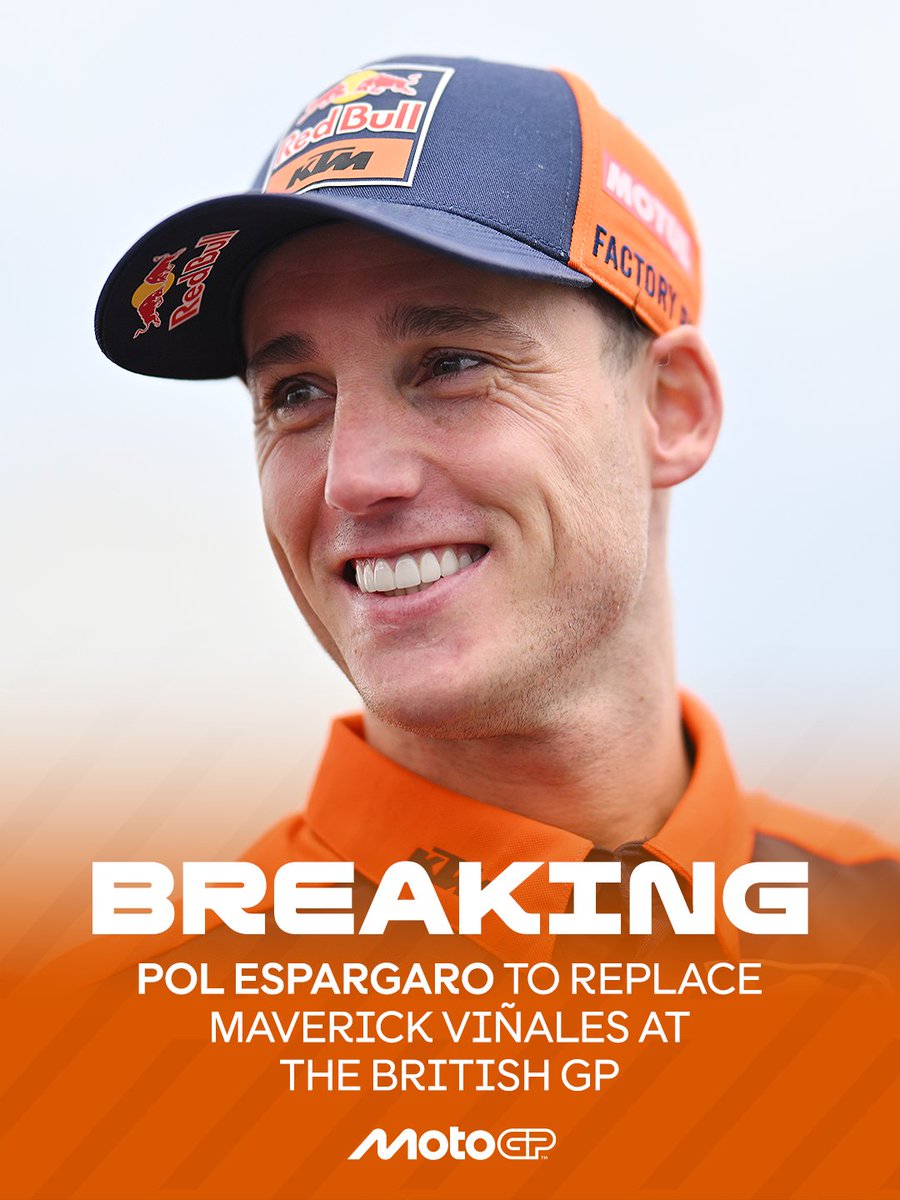 MotoGP's tweet photo. BREAKING 🚨 @polespargaro will step in for the recovering Maverick Viñales at the #BritishGP 🇬🇧

#MotoGP https://t.co/u97tm1aE5m