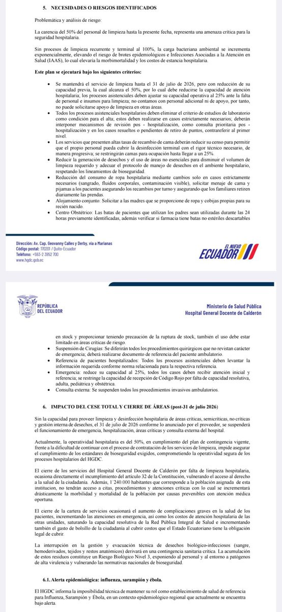 ecuainm_oficial's tweet photo. ‼️#URGENTE
El Hospital General Docente de Calderón elaboró un plan de contingencia en el que advierte una grave crisis por la suspensión del servicio de limpieza, desinfección y manejo de desechos hospitalarios. El documento alerta sobre una paralización operativa forzada, mientras la casa de salud acumula más de 1.500 cirugías represadas.
▶️ @onlypanasec