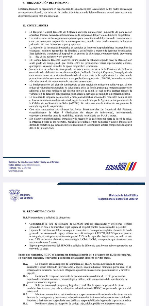 ecuainm_oficial's tweet photo. ‼️#URGENTE
El Hospital General Docente de Calderón elaboró un plan de contingencia en el que advierte una grave crisis por la suspensión del servicio de limpieza, desinfección y manejo de desechos hospitalarios. El documento alerta sobre una paralización operativa forzada, mientras la casa de salud acumula más de 1.500 cirugías represadas.
▶️ @onlypanasec