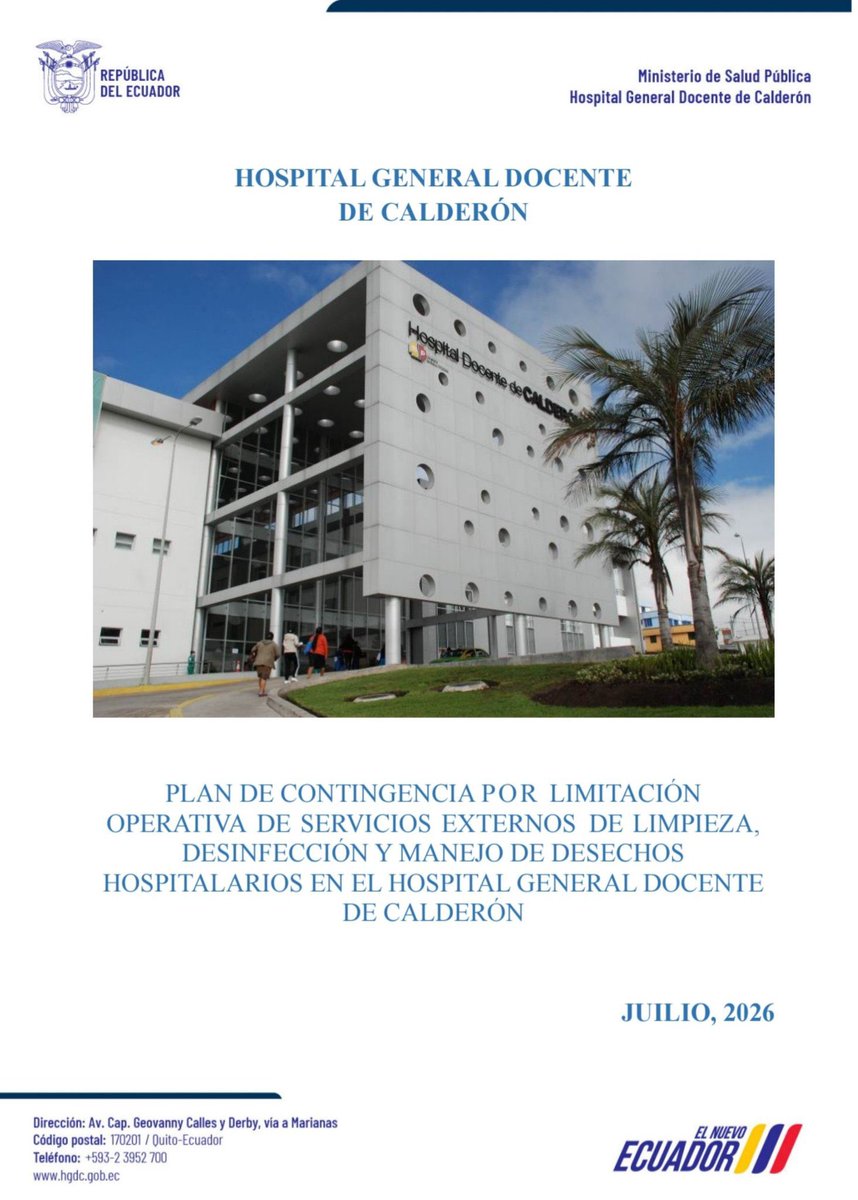 ecuainm_oficial's tweet photo. ‼️#URGENTE
El Hospital General Docente de Calderón elaboró un plan de contingencia en el que advierte una grave crisis por la suspensión del servicio de limpieza, desinfección y manejo de desechos hospitalarios. El documento alerta sobre una paralización operativa forzada, mientras la casa de salud acumula más de 1.500 cirugías represadas.
▶️ @onlypanasec