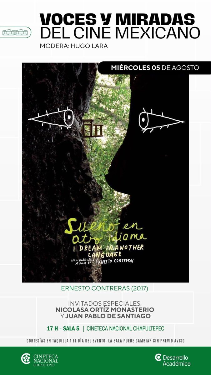 CorreCamara's tweet photo. ¡Vengan! Este miércoles a las 17h en la #CinetecaChapultepec de @CinetecaMexico más cine mexicano GRATIS: "Sueño en otro idioma" de @ErContreras y al final la comentaremos con @hugo_lara y los actores Nicolasa Ortiz Monasterio y Juan Pablo de Santiago https://t.co/Z9jRQ3qD3R
