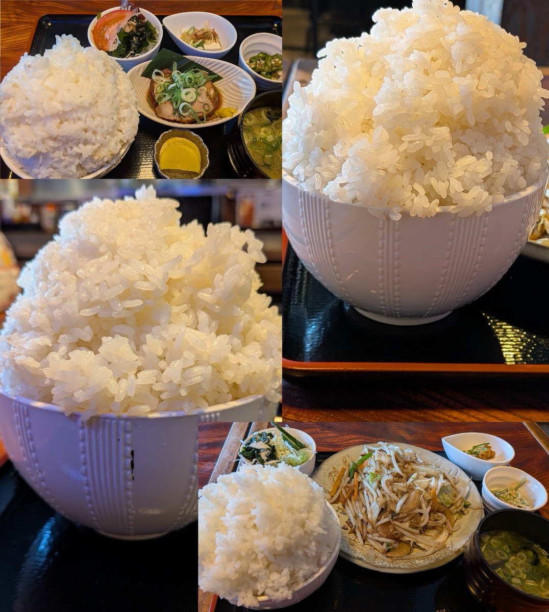 starNissy's tweet photo. 「マンガ盛り」のオプションがあるお店で昼メシ🍚
ランチメニューの定食が10種類以上と豊富で、しばらく楽しめそう♪
画像左上は先週行った時の「豚角煮定食」、画像右下は本日オーダーの「野菜炒め定食」。
2ヶ月前には「集中ファスティング3日間」やった僕。体重82kgから77.5kgに（今もキープ中！） https://t.co/qoHXpfbHM3