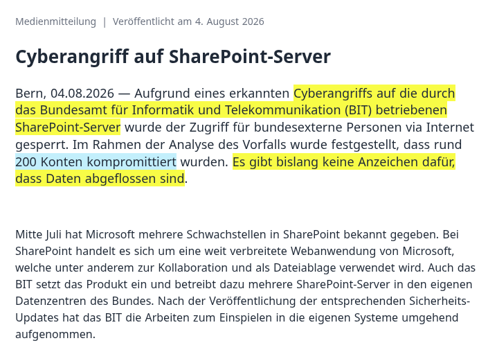 barbouillech's tweet photo. "Bundesamt für Informatik und Telekommunikation (BIT) - Cyberangriff auf SharePoint-Server"
➡https://t.co/KfDIJhFdSH

Und ratet mal, wer für Entwicklung und Betrieb der Vertrauensinfrastruktur der E-ID, swiyu Wallet und Check App zuständig ist? Genau.

Aber zum Glück haben wir das Datenschutzgesetz! Unsere Daten sind geschützt.