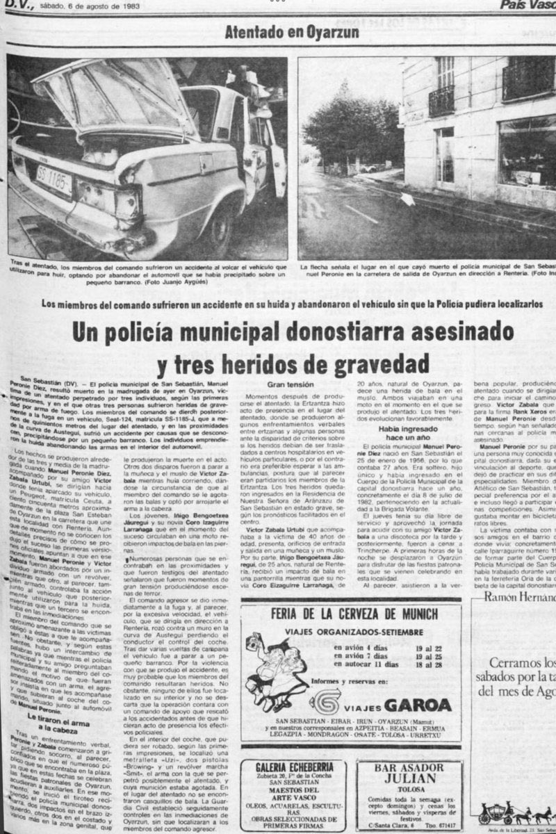 MemorialVT's tweet photo. 05/08/1983. Oyarzun. Se cumplen 43 años del asesinato por ETA-m del agente de la Guardia Municipal @Ayto_SS MANUEL PERONIÉ DÍEZ. Un comando le retuvo unos minutos, junto a un amigo suyo, y cuando intentaron huir les dispararon. Herri Batasuna le puso en el punto de mira de ETA. https://t.co/aiAvSOu6HW