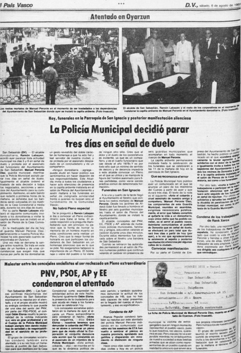 MemorialVT's tweet photo. 05/08/1983. Oyarzun. Se cumplen 43 años del asesinato por ETA-m del agente de la Guardia Municipal @Ayto_SS MANUEL PERONIÉ DÍEZ. Un comando le retuvo unos minutos, junto a un amigo suyo, y cuando intentaron huir les dispararon. Herri Batasuna le puso en el punto de mira de ETA. https://t.co/aiAvSOu6HW