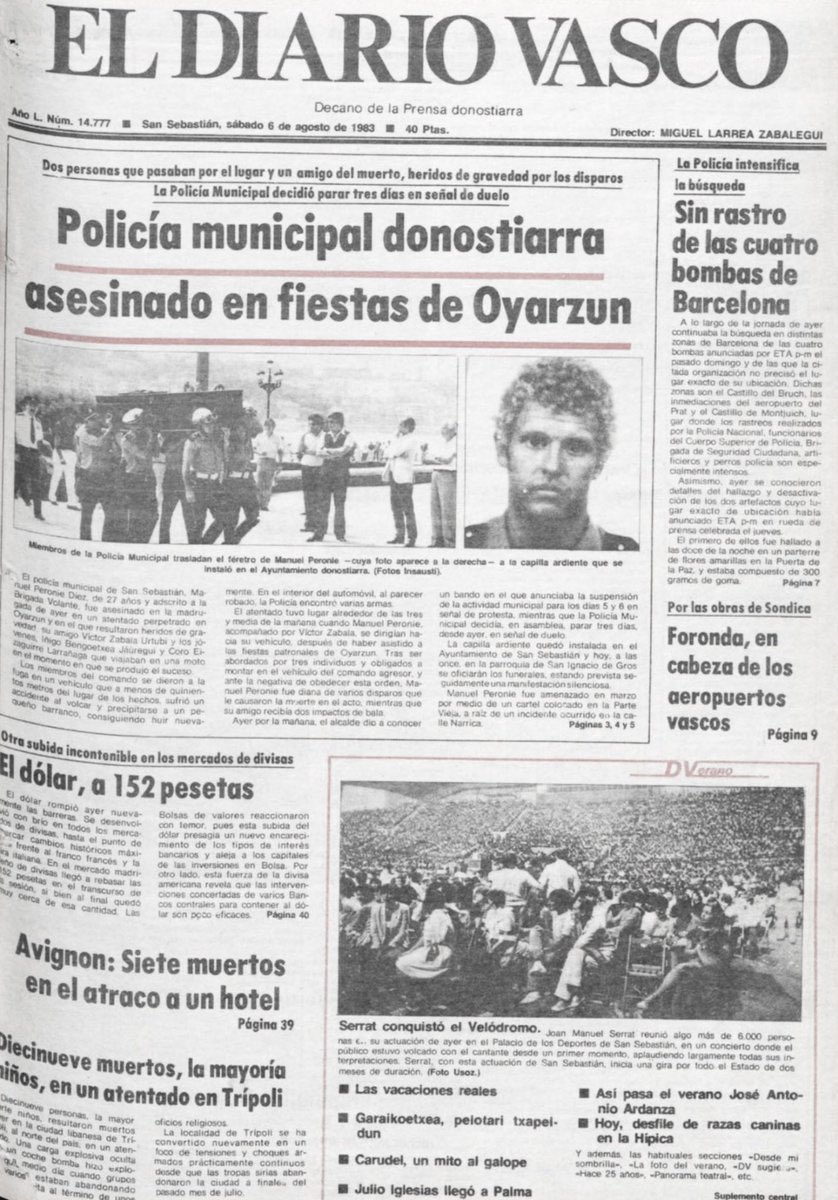 MemorialVT's tweet photo. 05/08/1983. Oyarzun. Se cumplen 43 años del asesinato por ETA-m del agente de la Guardia Municipal @Ayto_SS MANUEL PERONIÉ DÍEZ. Un comando le retuvo unos minutos, junto a un amigo suyo, y cuando intentaron huir les dispararon. Herri Batasuna le puso en el punto de mira de ETA. https://t.co/aiAvSOu6HW