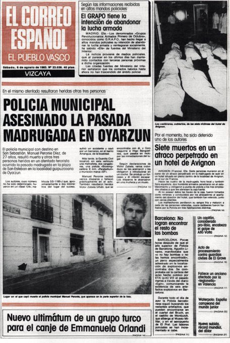 MemorialVT's tweet photo. 05/08/1983. Oyarzun. Se cumplen 43 años del asesinato por ETA-m del agente de la Guardia Municipal @Ayto_SS MANUEL PERONIÉ DÍEZ. Un comando le retuvo unos minutos, junto a un amigo suyo, y cuando intentaron huir les dispararon. Herri Batasuna le puso en el punto de mira de ETA. https://t.co/aiAvSOu6HW