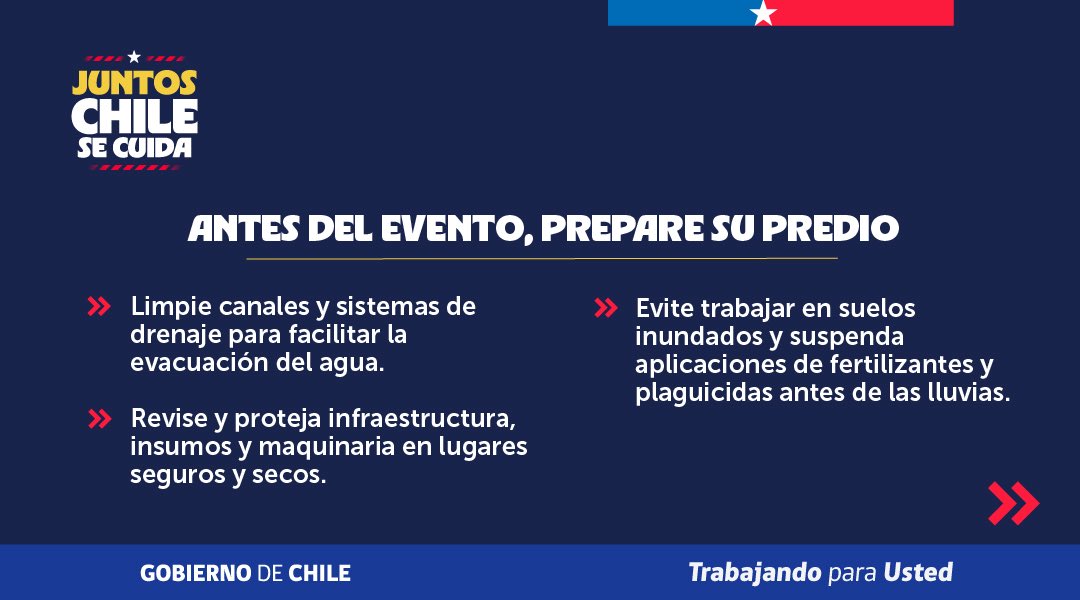 MinagriCL's tweet photo. 🌧️ Ante las precipitaciones asociadas al sistema frontal, es fundamental tomar medidas para proteger tu predio, resguardar a tus animales y reducir posibles daños en la actividad agrícola.

📋 Revisa las recomendaciones preparadas por la Unidad de Gestión de Riesgo de Desastres Agrícolas (UGRA) del @minagricl y prepárate con anticipación.