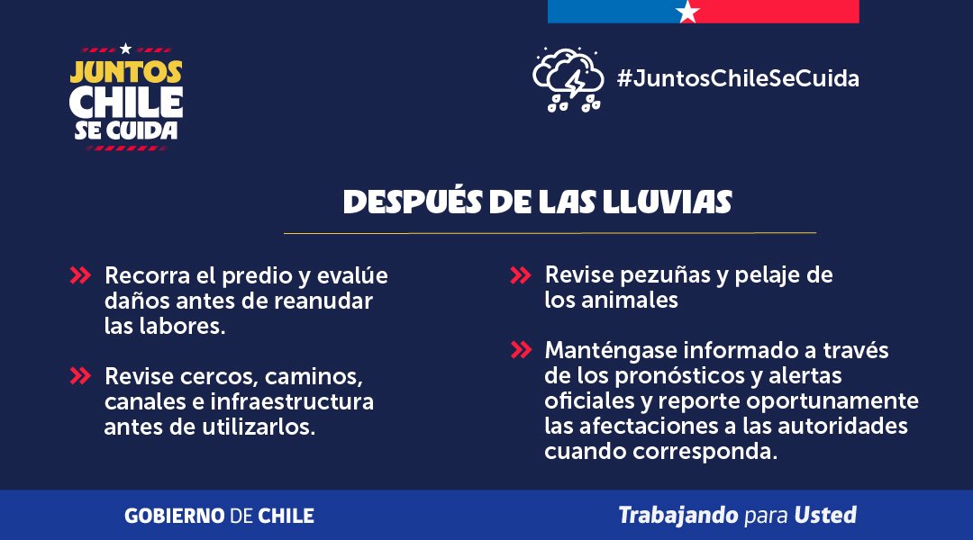 MinagriCL's tweet photo. 🌧️ Ante las precipitaciones asociadas al sistema frontal, es fundamental tomar medidas para proteger tu predio, resguardar a tus animales y reducir posibles daños en la actividad agrícola.

📋 Revisa las recomendaciones preparadas por la Unidad de Gestión de Riesgo de Desastres Agrícolas (UGRA) del @minagricl y prepárate con anticipación.