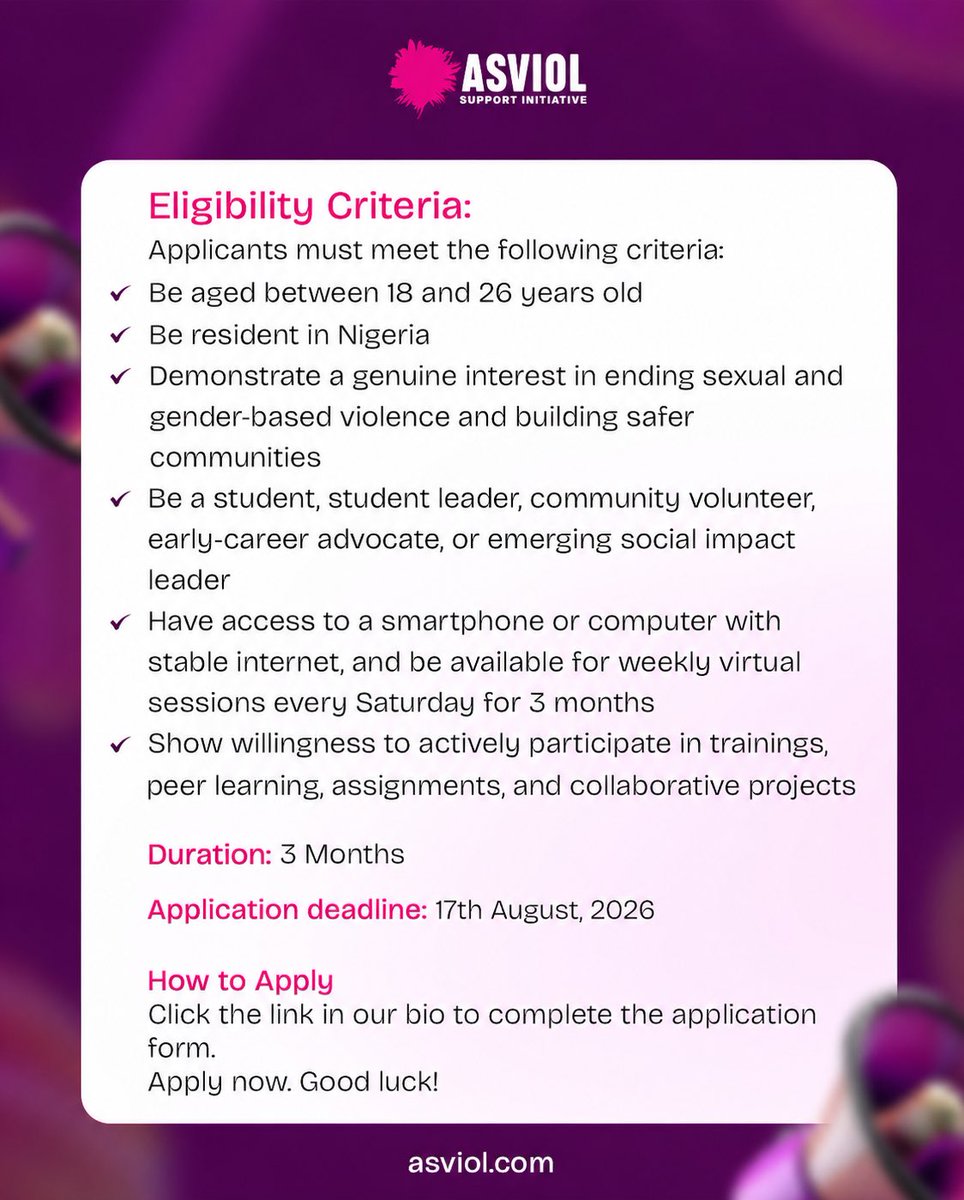 ASVIOLNg's tweet photo. 📢 Applications Open: ChangeMakers Fellowship Cohort 3

This is a 3-month virtual fellowship empowering young Nigerians (age 18-26) to prevent SGBV &amp; build safer communities.

Link to form:
https://t.co/pciGYNJF2v https://t.co/a0FQEpiGGu