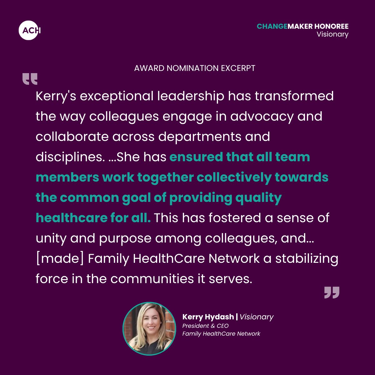 adv4commhealth's tweet photo. What does it mean to be a Visionary Changemaker?

It means turning a health center network into a comprehensive healthcare system, serving the community through more than 1.2 million patient visits each year. It means pioneering dignified food pantries and literacy programs. And it means advocating in Sacramento and Washington, D.C., to ensure no patient is left behind.

Today, as part of NHCW, we are proud to recognize Kerry Hydash, President & CEO, @FHCN, as our Visionary Changemaker.

👉 Swipe to learn how she makes high-quality care a reality in Central California: