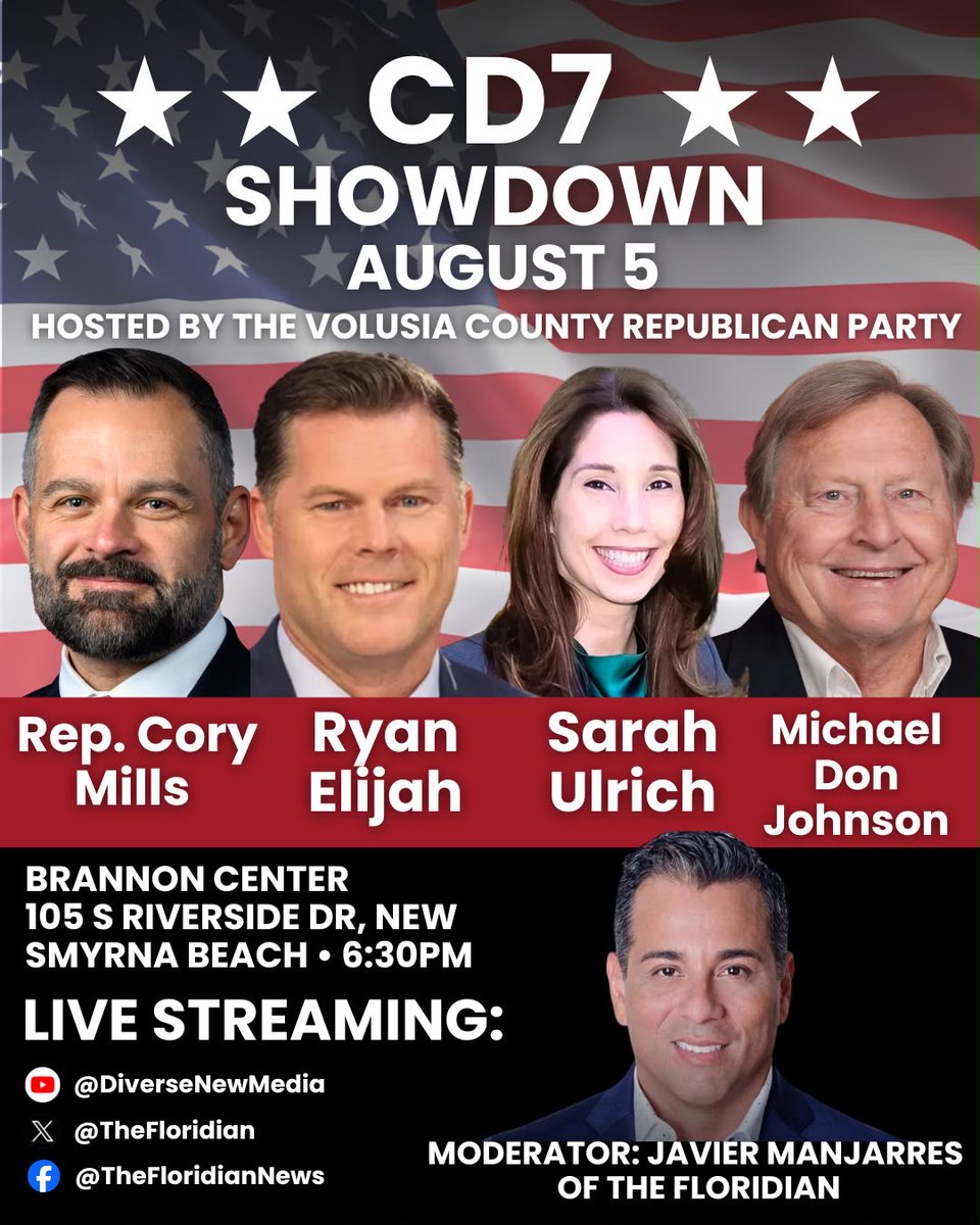 Floridianpress's tweet photo. 🚨 BREAKING: The most anticipated CD7 debate of the 2026 cycle is TOMORROW!

@JavManjarres moderates:  Rep. Cory Mills • Ryan Elijah • Sarah Ulrich • Michael Don Johnson

🔴 WATCH LIVE → @Floridianpress
🕕 6:30 PM | Hosted by @VolusiaGOP

📍 Brannon Center
105 S Riverside Dr, New Smyrna Beach

@CoryMillsFL @ryanelijah @MichaelDon4FL