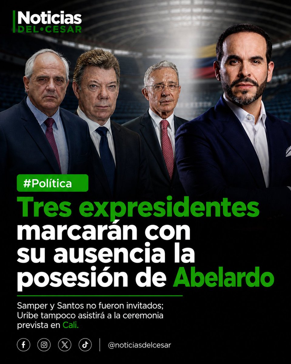 NoticiasDCesar's tweet photo. Samper y Santos no fueron invitados a la posesión de Abelardo, mientras Uribe confirmó que tampoco asistirá a la ceremonia en Cali.

¡Lee la noticia completa!
https://t.co/ijpt0p3n8C https://t.co/RSX7GIoTVn