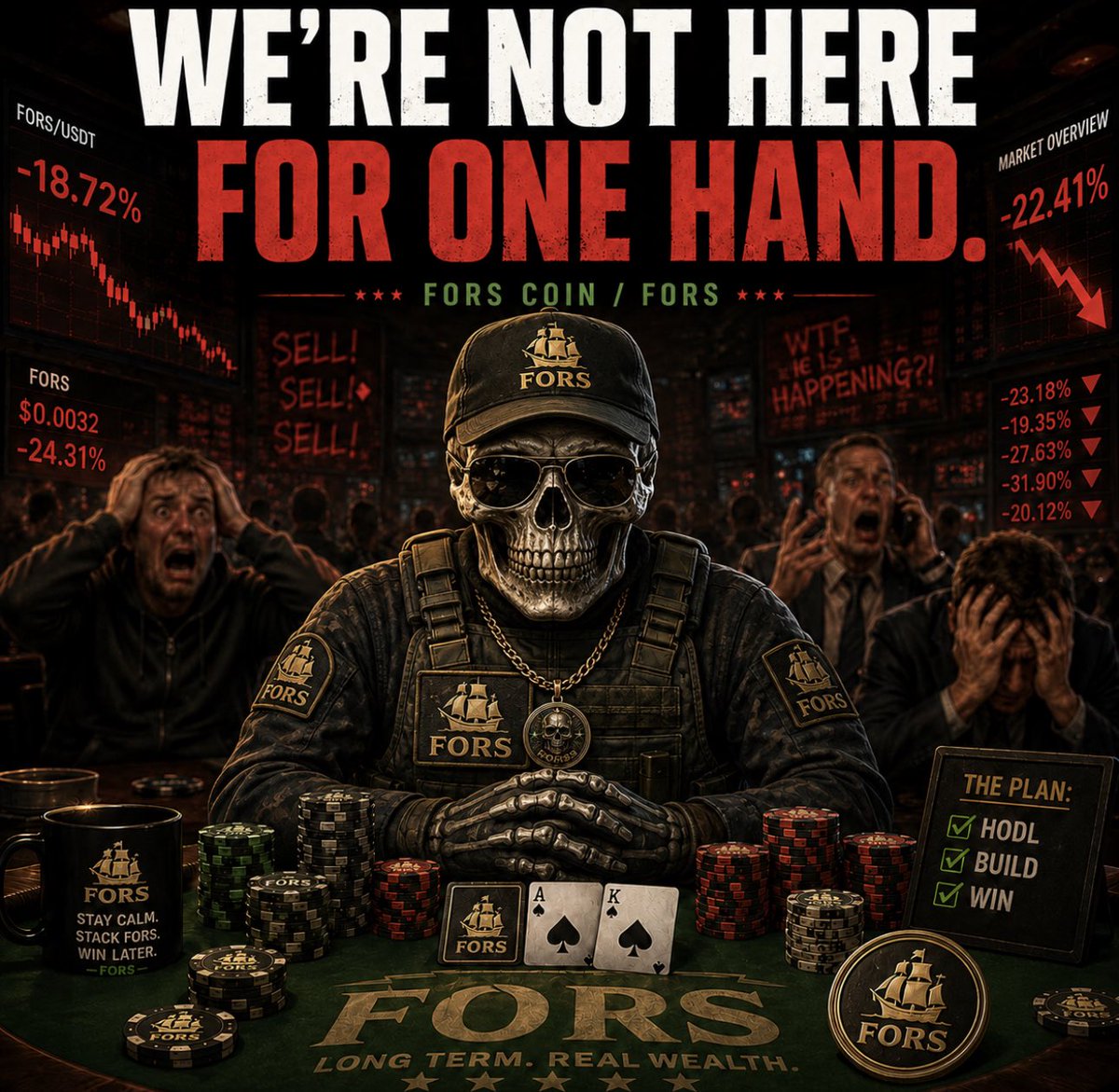 forscoin's tweet photo. Red market. Loud timeline. Same old promises. $FORS isn’t here to bluff—we’re here to build. The meme brought us together; transparency, community and purpose will take us further. What should we build first: missions, creators, dashboard or impact? 🪖💀 https://t.co/ySW3Lk9ppo