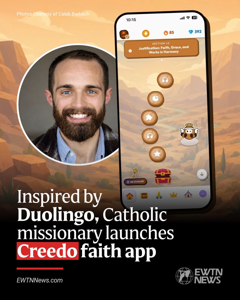 EWTNews's tweet photo. One day, while doing his daily Duolingo lesson, Catholic campus missionary Caleb Burbach had a realization: “Why can’t learning the Catholic faith feel this approachable?”

The epiphany inspired Burbach to eventually launch Creedo, an app that utilizes the format of the beloved language-learning platform Duolingo to gamify lessons about Catholic teaching.

Creedo’s platform includes digestible lessons about the sacraments, Mary, the Trinity, angels, demonology, social teaching, and more. According to Burbach, the app avoids reinterpretation and draws its content from Scripture, the Catechism of the Catholic Church, and other classic Catholic works.

“I wanted to build a platform that made it easier to engage consistently with Scripture and the Churchʼs rich tradition in small, manageable steps,” he told EWTN News. “Today, Creedo helps individuals grow in their faith while also giving parishes a unified platform to manage formation programs like OCIA [Order of Christian Initiation of Adults], sacramental preparation, Bible studies, and more.”

Burbach shared more about his vision for the app and how he hopes it will serve the Church in an interview with EWTN News: https://t.co/j2hV0yV9xR
