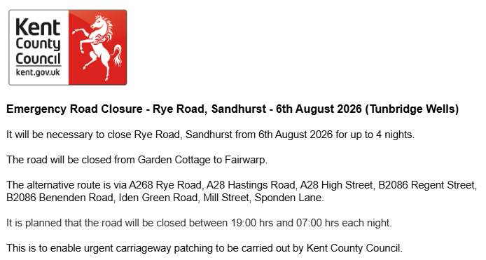 KentHighways's tweet photo. Sandhurst, A268 Rye Road. Road closures from 6th August for 4 nights (19:00-07:00 each night) for carriageway patching works: https://t.co/Ftg2K8RGkY #Kentpotholes https://t.co/yBTAJjOlEq