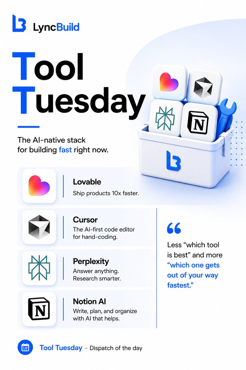 lyncbuild_dig's tweet photo. The ai-native founder stack: @Lovable , @cursor_ai , @perplexity_ai , @NotionHQ.
Not about the best tool but about which one gets out of your way fastest.
#ToolsTuesday #StartupTools https://t.co/1Rg7lhmS5d