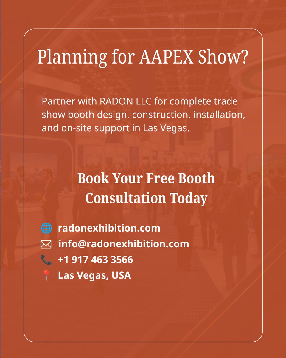 ExhibitionLlc's tweet photo. Planning to exhibit at #AAPEX2026?

Partner with RADON LLC for custom trade show booth design, rentals, installation, and complete exhibit solutions in Las Vegas, USA.

🌐 https://t.co/6G8aFK4V1p

#AAPEXShow #TradeShow #BoothDesign #LasVegas #RADONLLC https://t.co/s5sQOUjnyQ