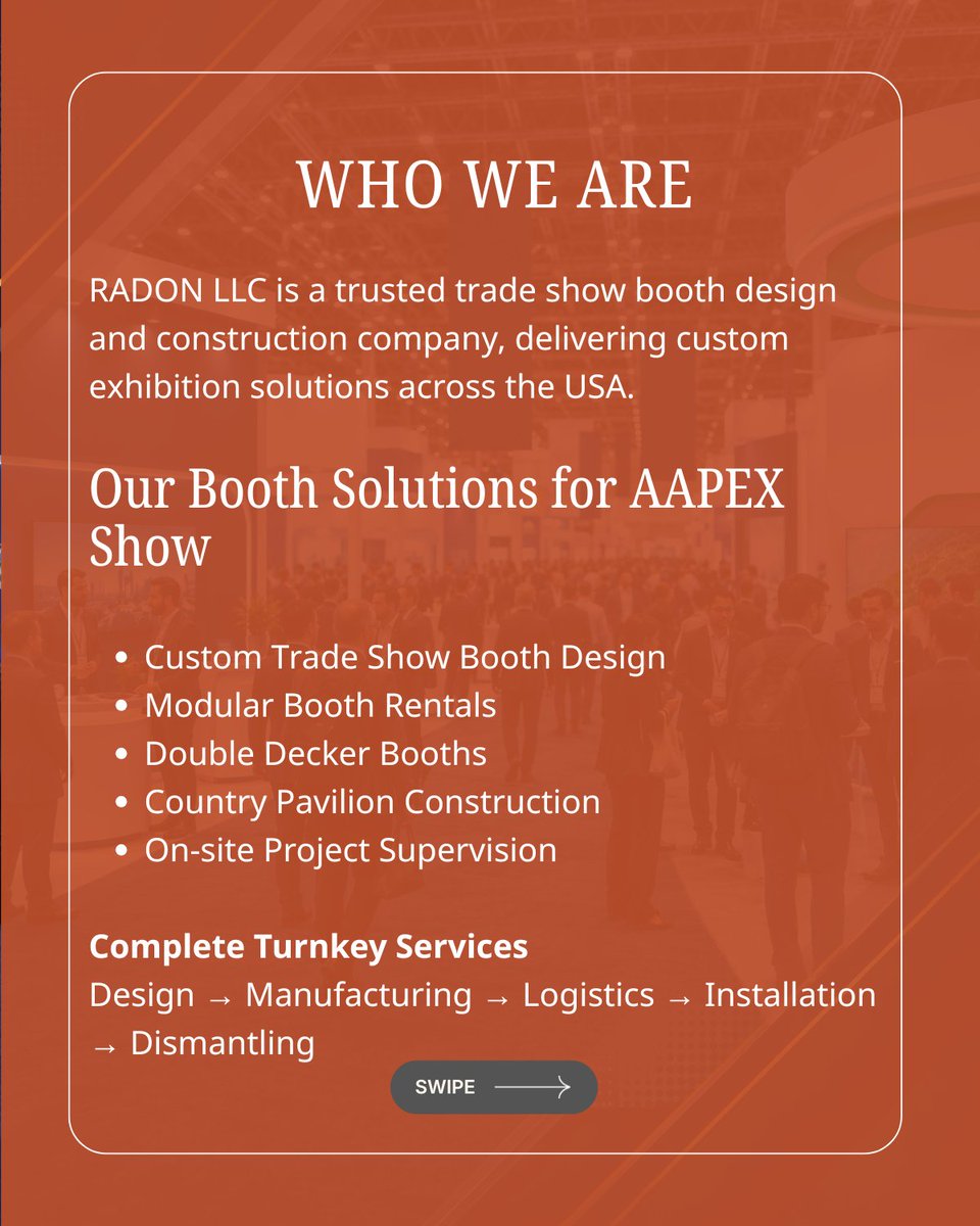 ExhibitionLlc's tweet photo. Planning to exhibit at #AAPEX2026?

Partner with RADON LLC for custom trade show booth design, rentals, installation, and complete exhibit solutions in Las Vegas, USA.

🌐 https://t.co/6G8aFK4V1p

#AAPEXShow #TradeShow #BoothDesign #LasVegas #RADONLLC https://t.co/s5sQOUjnyQ