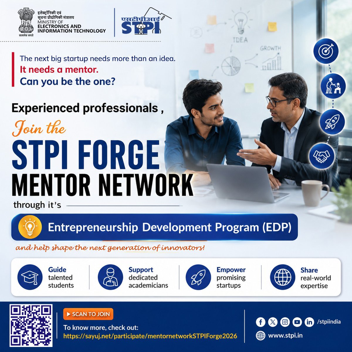 stpiindia's tweet photo. Calling experienced professionals! 📢

Join the STPI Forge Mentor Network through the Entrepreneurship Development Program (EDP) and be the catalyst behind India's next innovative breakthrough. Guide talented students, dedicated academicians and promising startups with mentorship, strategic insights, industry connections and real-world expertise. 

Shape the next generation of innovators through STPI Forge:
🔹 Seasoned Startup Founders
🔹 CXOs and Industry Leaders
🔹 Angel Investors & Venture Capital Professionals
🔹 Academicians
🔹 Startup Ecosystem Professionals
🔹 Domain Experts

🔗 Know more: https://t.co/LuQvllP3f2

#STPIForge #EntrepreneurshipDevelopment #StartupIndia #InnovationEcosystem #TechEntrepreneurs #FounderMindset #MentorshipMatters #NextGenEntrepreneurs #IndiaInnovates #DigitalIndia

@GoI_MeitY @AshwiniVaishnaw @JitinPrasada @SecretaryMEITY @arvindtw @_DigitalIndia @NeGD_GoI @startupindia @guptaa_sanjay @rakeshdubey @iitdelhi @iitbombay @iitmadras @IITKanpur @IITKgp @IITGuwahati @iitroorkee @IIITDelhi @iiit_hyderabad @IIITB_official @IIMAhmedabad @IIM_Calcutta @AccelIndia @peakxvpartners @BlumeVentures @ElevCap @ChirataeVC @NexusVP @vcatsindia
