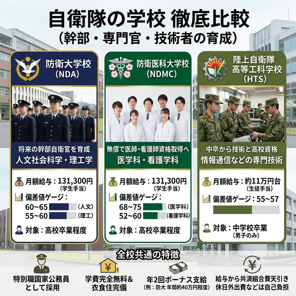GAMBEJP's tweet photo. @KKomaki68555 学費・生活費が無償で、給料やボーナスまで支給される自衛隊の学校。
しかし、ここを選ぶ若者たちが求めているのは条件だけではありません。

国の為に尽くす、『矜持』の最高峰。

幹部、医療従事者、技術者。国を護るプロフェッショナルへの道をまとめました。保存推奨です。 https://t.co/ckfRpXidLO