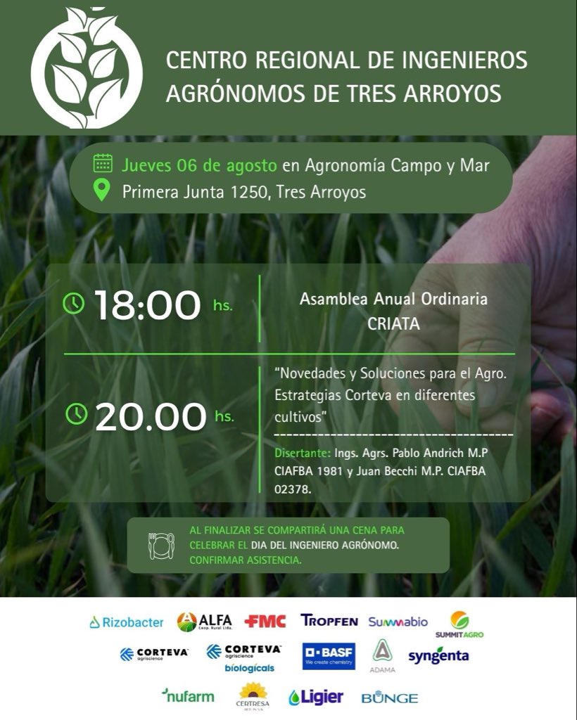CRIATAOficial's tweet photo. 📢 Jueves 6 de agosto | Agronomía Campo y Mar

🕕 18 hs. Asamblea Anual Ordinaria CRIATA.
🕗 20 hs. Charla: “Novedades y Soluciones para el Agro. Estrategias Corteva en diferentes cultivos.”

🎙️ Disertantes: Ings. Agrs. Pablo Andrich y Juan Becchi.

📲 Confirmar asistencia https://t.co/TyZA3uzdwa