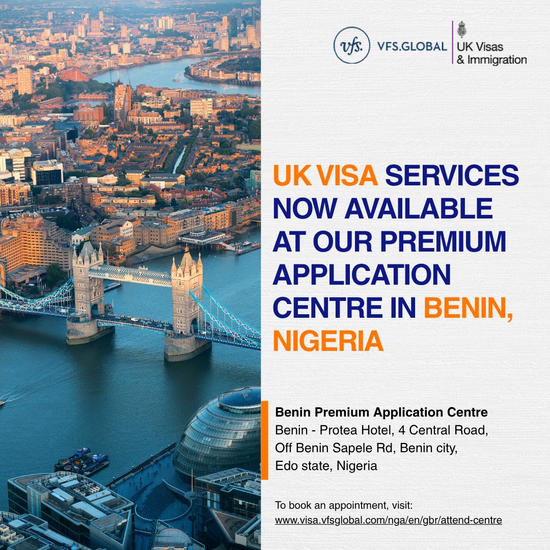 VFSGlobal's tweet photo. UK visa customers in Nigeria can now visit our comfortable Premium Application Centre in Benin, operating once a month, by booking a prior appointment to submit their visa applications with ease.

📍Address: Benin Premium Application Centre, Protea Hotel, 4 Central Road, Off Benin Sapele Rd, Benin City, Edo State, Nigeria.

For more information, please visit https://t.co/o2AzMHRkPN

@UKinNigeria