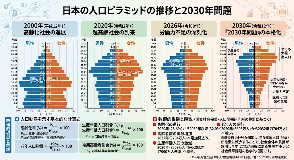 GAMBEJP's tweet photo. 数字で見る「2030年問題」のリアル。
労働力不足や社会保障費の増大は、明確な数学的根拠に基づいています。

🚨2020年→2032年の変化予測
・高齢化率：28.6% → 32.0%以上へ
・高齢者数：3,603万人 → 3,704万人へ増加
・生産年齢人口：7,509万人 → 7,000万人未満へ激減

分母（働き手）が減り、分子（高齢者）が増える。

社会全体の負担急増は避けられない未来です。どう備えるべきか、今こそ考えるタイミングですね。

#2030年問題 #ビジネス #社会保障 #マクロ経済