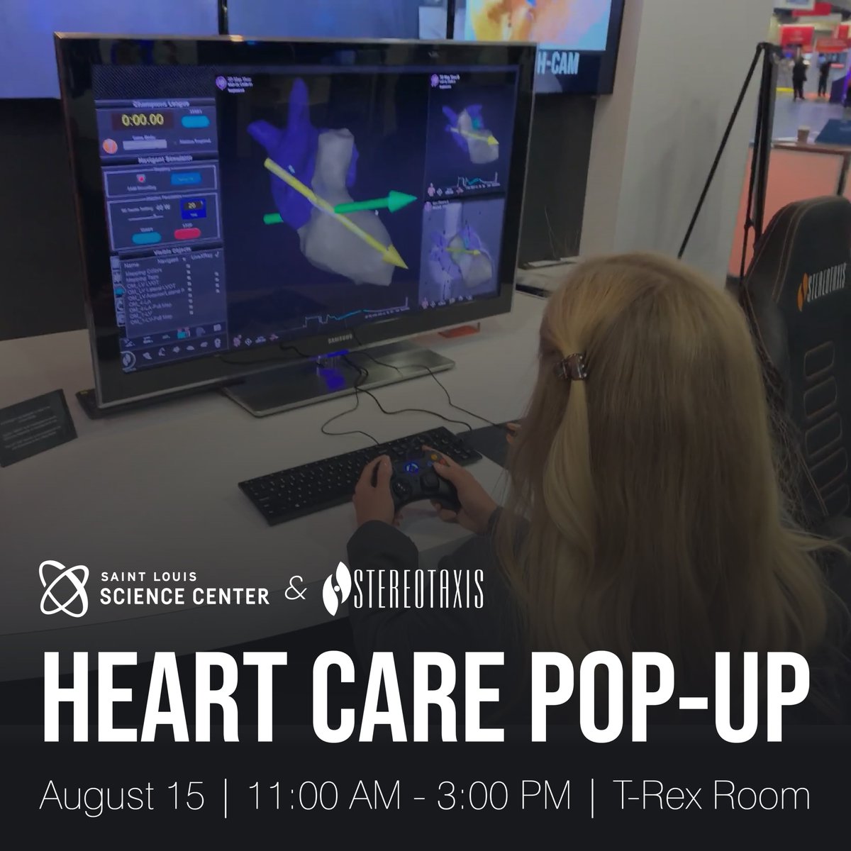 Stereotaxis's tweet photo. Come see us at the @STLScienceCtr on Aug. 15!🧑🔬
We look forward to educating our community on heart disease, available treatments, & advanced technologies. We’ll be joined by local cardiologists. Stop by to learn more & test-drive the #GenesisX robot in phantom telesurgery. 🧑⚕️🫀 https://t.co/gmJVdxwZFk