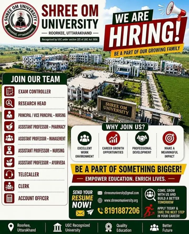 rojgarbharat's tweet photo. Shree Om University, Uttarakhand, Teaching and Non-Teaching Recruitment 2026
Click Here:
https://t.co/NqxbYaWknK
#highereducation #NonTeaching #TeachingJobs #recruitment https://t.co/f5qDZb6LUd