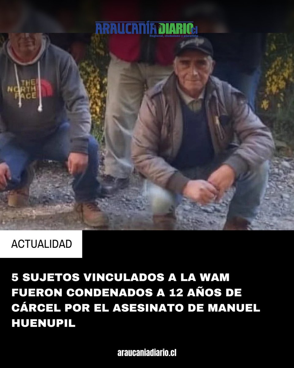 AraucaniaDiario's tweet photo. 🔴 #Actualidad | 5 sujetos vinculados a la #WAM fueron condenados a 12 años de cárcel por el asesinato de Manuel Huenupil
El Tribunal dio por acreditado que el grupo de #encapuchados le disparó por la espalda tras una disputa en el Fundo La Suerte en la zona rural de #Carahue.
https://t.co/y8zA2ENKIj