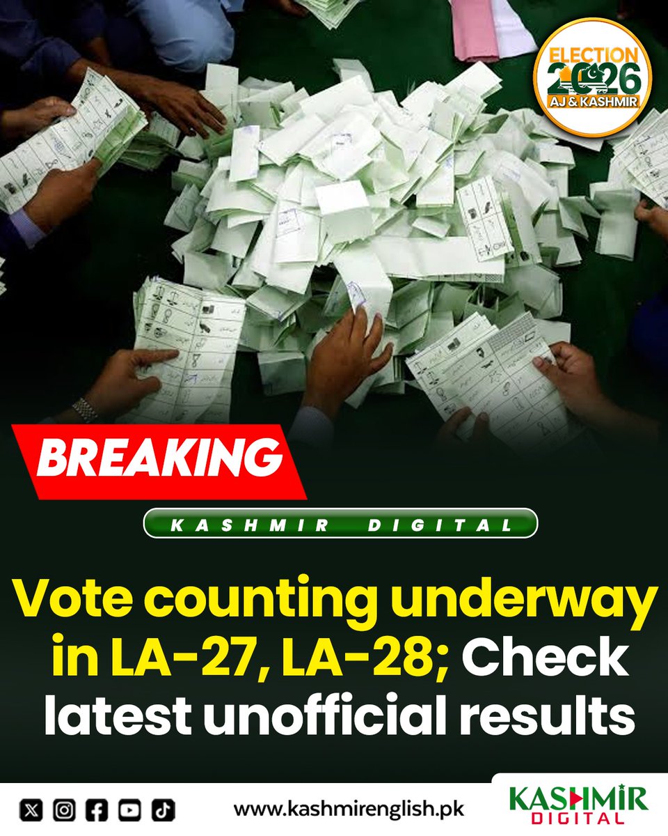KashmirDigital1's tweet photo. Vote counting underway in LA-27, LA-28; Check unofficial results
Read more: https://t.co/RQeMze72pO
#LA27 #LA28 #Muzaffarabad https://t.co/ycbwdiTTxq