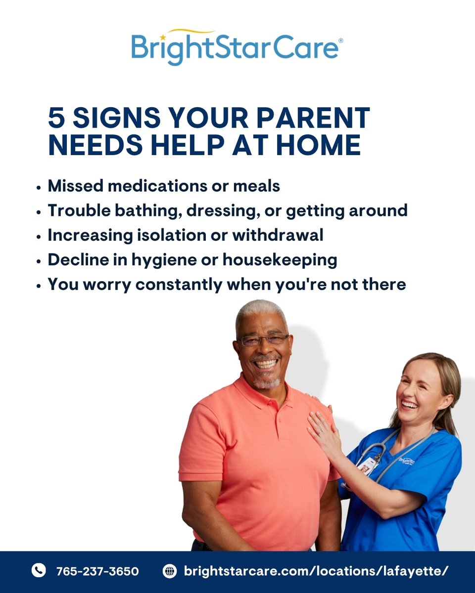 BrightstarLaf's tweet photo. How do you know when it's time to get help for Mom or Dad? It's not always obvious, but these five signs are worth paying attention to.

Call: (765) 237-3650
Learn more: https://t.co/JcYQMQ21LC

#InHomeCare #AgingParents #SeniorCare https://t.co/ljEjRcIgK5