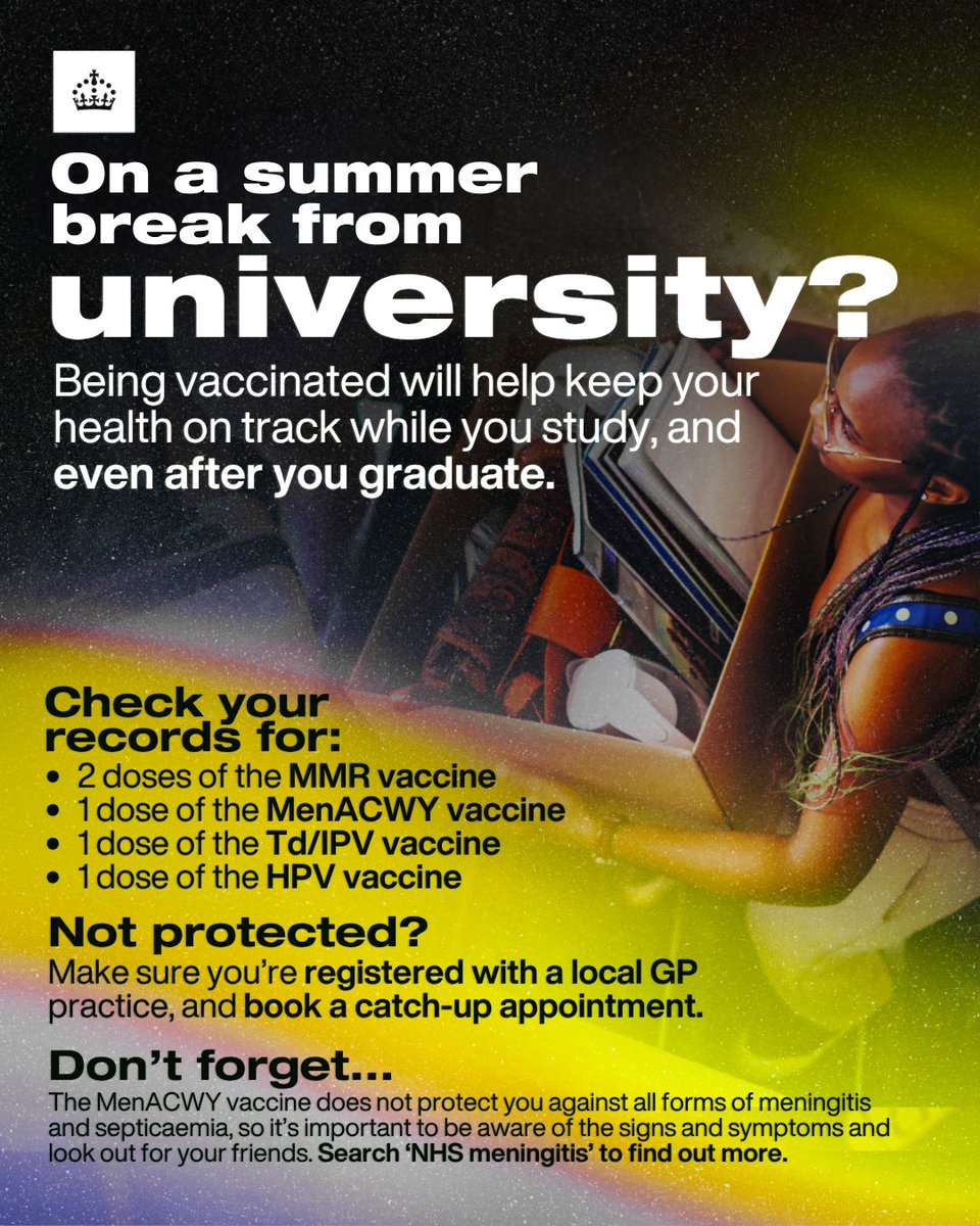 UKHSA_WestMids's tweet photo. Enjoying the #SummerHoliday before heading to #uni?

Take 2 mins to check your #vaccination status to make sure you're protected

Catch up on any missed vaccines inc #MMR #MenACWY #HPV by contacting your #WestMidlands GP practice

Get #meningitis info here
https://t.co/4mEbEAGcLe https://t.co/mqYj2UngyK