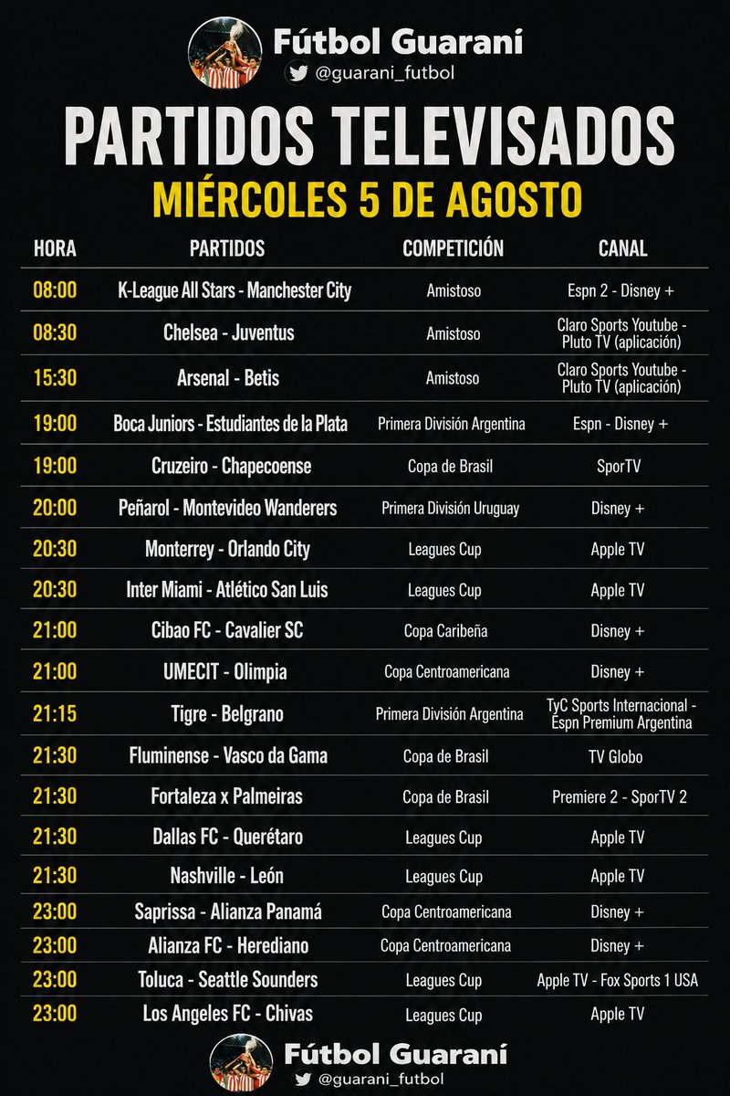 guarani_futbol's tweet photo. Partidos televisados miércoles 5 de agosto. https://t.co/au076dycjU