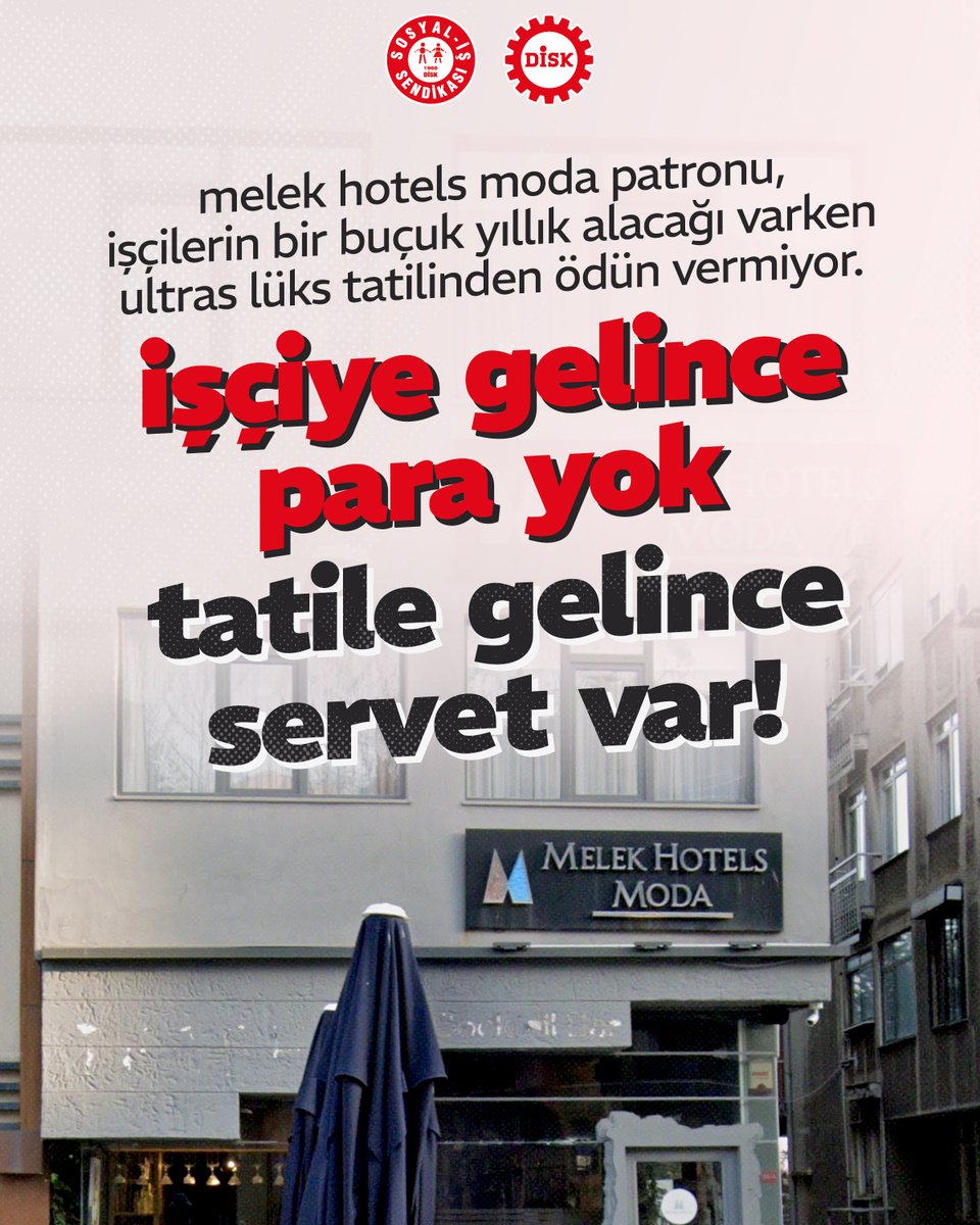 sosyalissendika's tweet photo. İşçiye gelince para yok, tatile gelince servet var!

🔴 İstanbul Kadıköy’deki Melek Hotels Moda’da işçiler bir buçuk yıldır maaşlarını, tazminatlarını ve diğer alacaklarını alamazken; patron Mehmet Ulusoy dünyanın en lüks mekanlarından tatil fotoğraflarını paylaşmaya devam ediyor.

💫 Melek Hotels Moda’da DİSK Dev. Turizm-İş üyesi işçilerin mücadelesini selamlıyor, emekçilerin haklarını gasp ederek gününü gün eden patron Ulusoy’u uyarıyoruz!