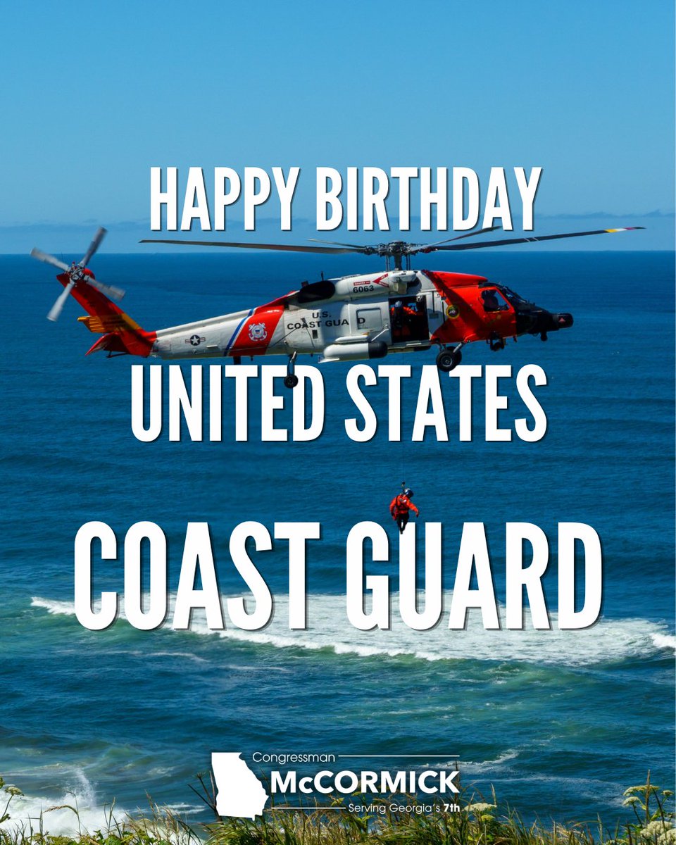 RepMcCormick's tweet photo. For 236 years, the United States Coast Guard has protected our shores, saved lives, and defended our homeland.

Thank you to every Coast Guardsman for your service and sacrifice. Semper Paratus, and Happy 236th Birthday, U.S. Coast Guard! https://t.co/IAsU8mTH11