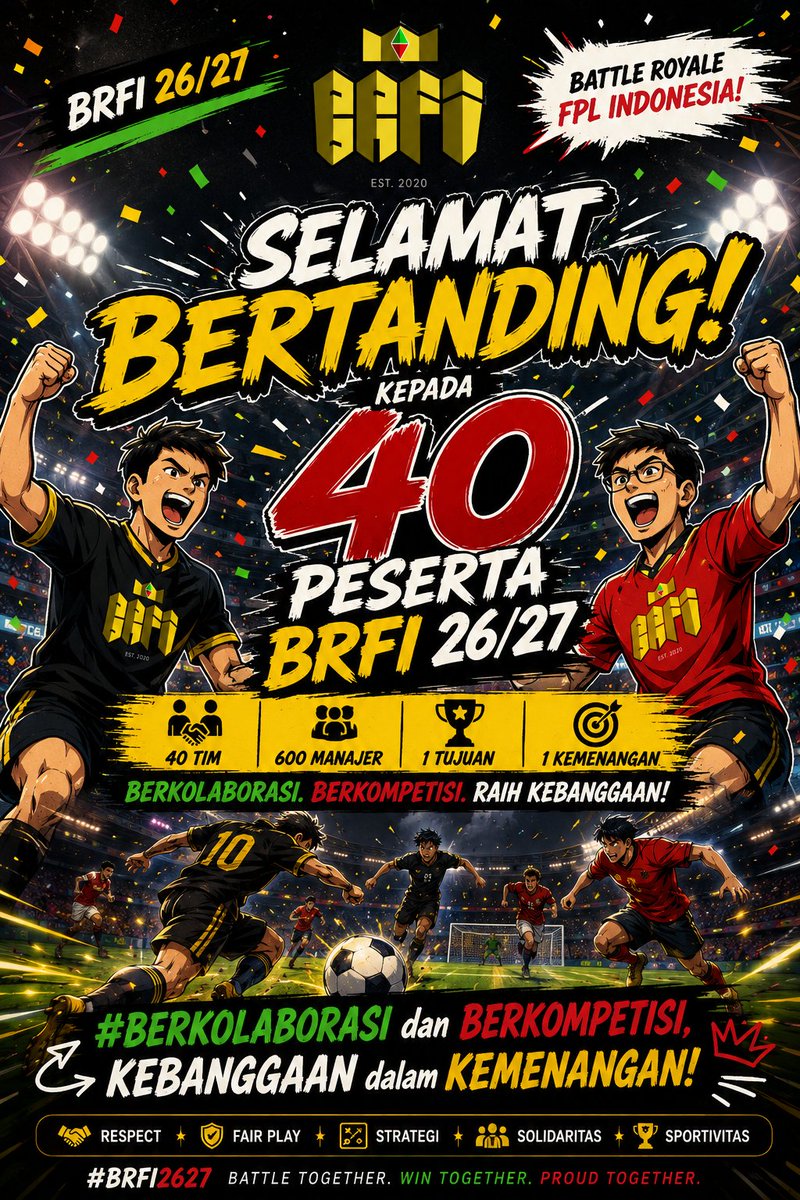 LigaBRFI's tweet photo. 🎉 𝐒𝐄𝐋𝐀𝐌𝐀𝐓 𝐁𝐄𝐑𝐓𝐀𝐍𝐃𝐈𝐍𝐆! 🤝🏻

🏆 Saatnya bertarung di BRFI 26/27 telah tiba! 🔥

Selamat bertanding kepada 40 Tim dan 600 Manajer FPL Indonesia yang akan mengarungi musim penuh strategi, rivalitas, dan kejutan.

💬 Tim kalian siap mencetak sejarah musim ini? Sebut nama tim kalian di kolom komentar! 👇

#BRFI2627 #LigaBRFI #FPL #FantasyPremierLeague #FPLIndonesia l
