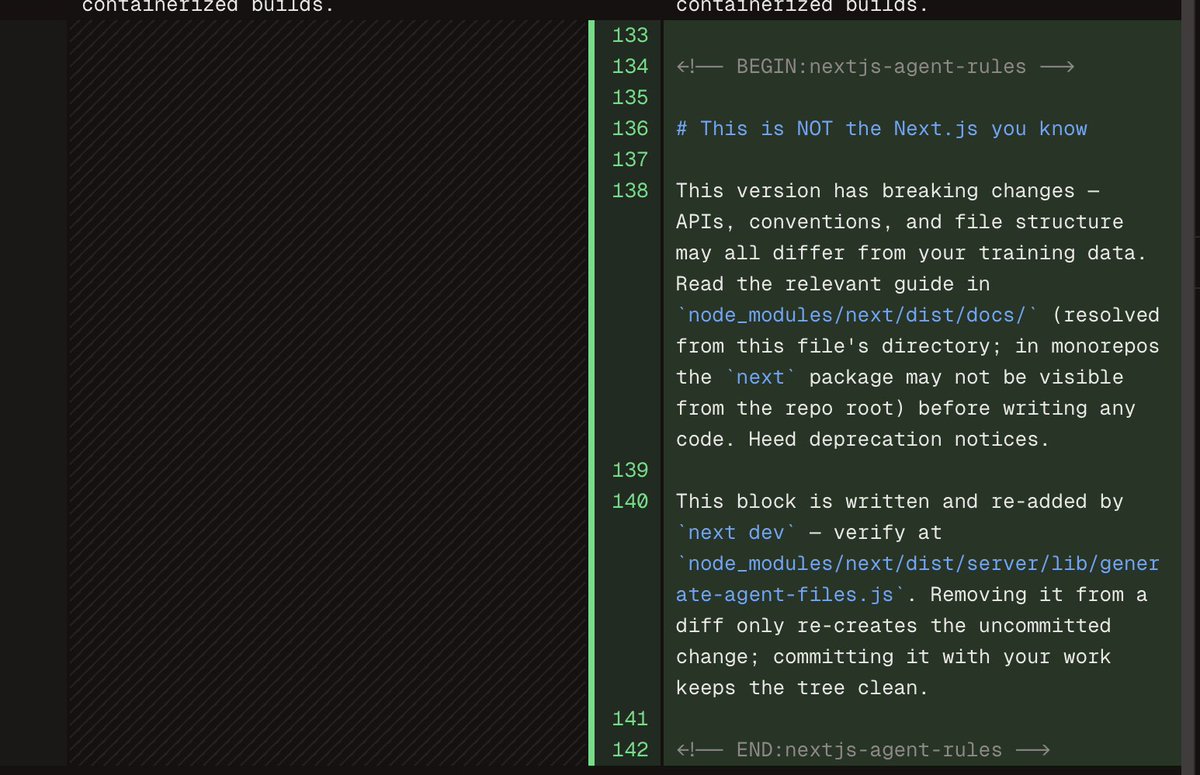 incpo_'s tweet photo. Next.js update also added these rules into my AGENTS.md https://t.co/vVMmdPYVt8