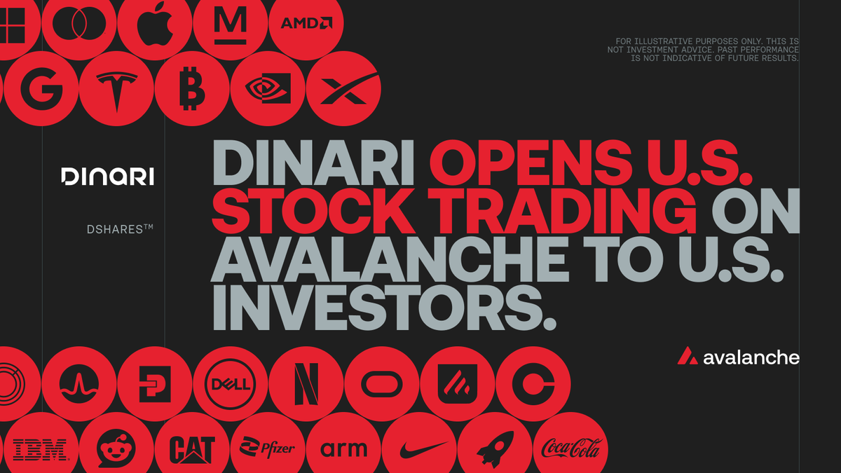 avax's tweet photo. BREAKING: U.S. investors and businesses can now trade U.S. stocks via Dinari on Avalanche

724 tokenized U.S. stocks and ETFs from @DinariGlobal, including the entire S&amp;P 500, are now available to U.S. investors on Avalanche C-Chain via the Dinari Trading App. https://t.co/i4BKu9cpGG